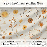 Cute Smiling Sun Floral Leaves Seamless Pattern Warm Neutral Background Digital Print Fabric by the Metre UK Sewing Quilting Textile
