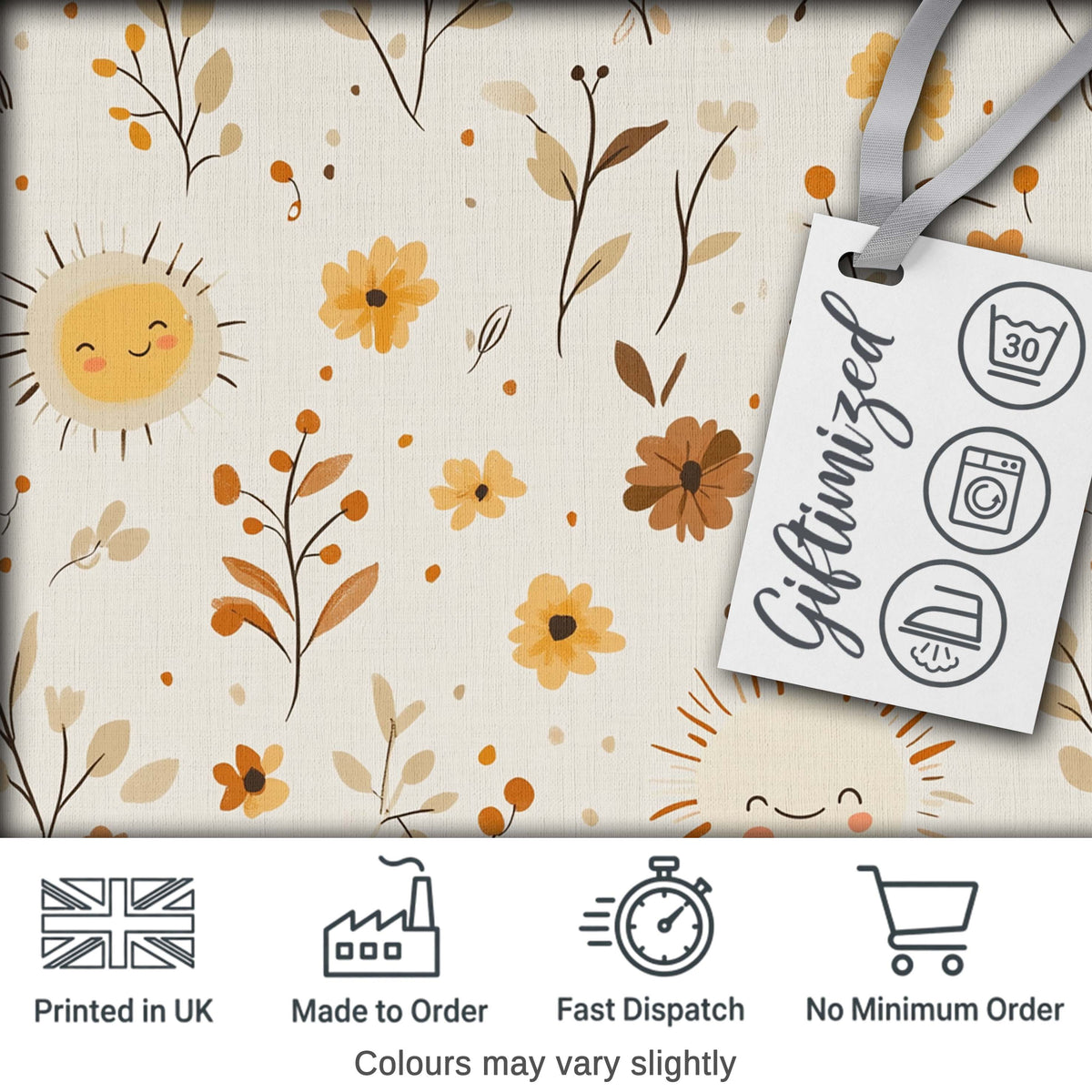 Cute Smiling Sun Floral Leaves Seamless Pattern Warm Neutral Background Digital Print Fabric by the Metre UK Sewing Quilting Textile