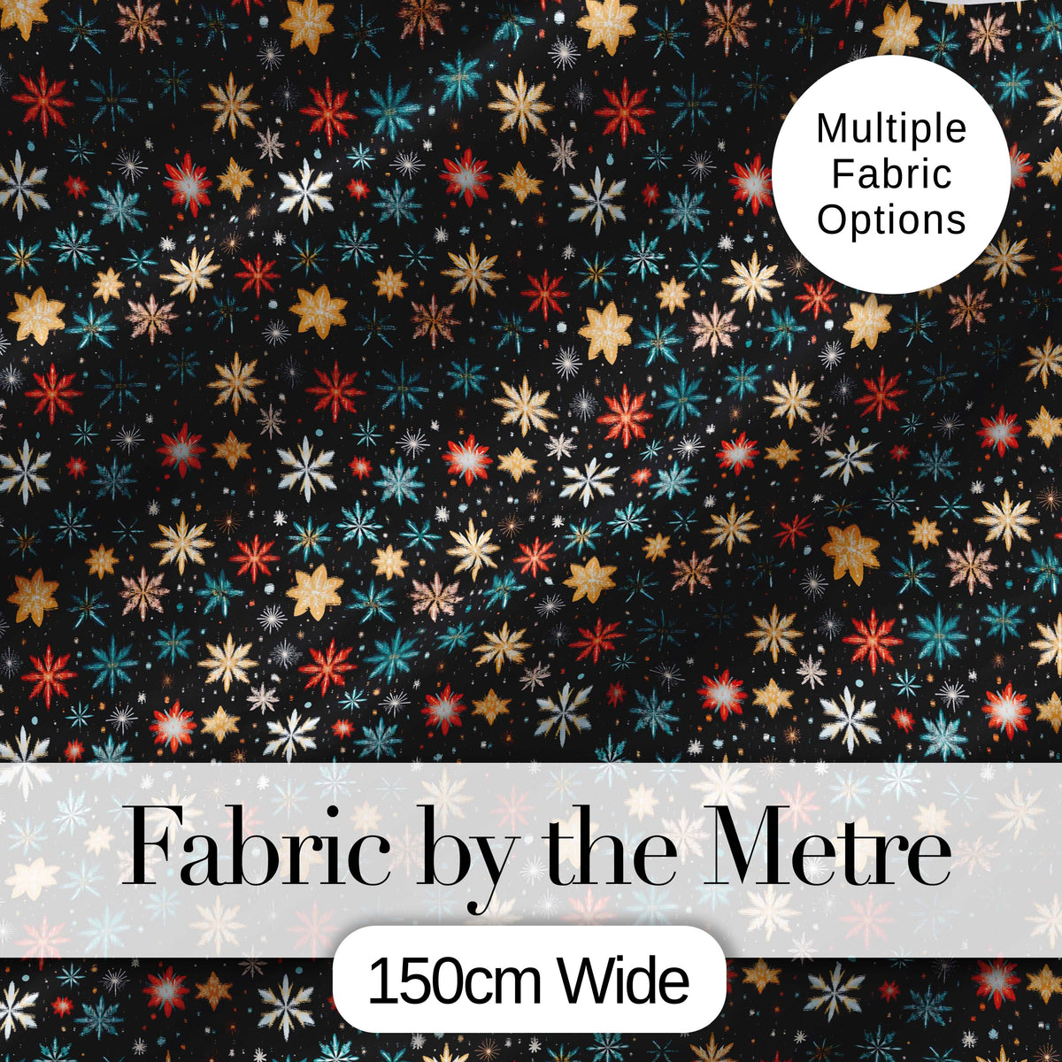 Colorful Starburst Snowflake Dark Seamless Pattern Festive Night Background Digital Print Fabric by the Metre UK Sewing Quilting Textile