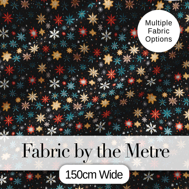 Colorful Starburst Snowflake Dark Seamless Pattern Festive Night Background Digital Print Fabric by the Metre UK Sewing Quilting Textile
