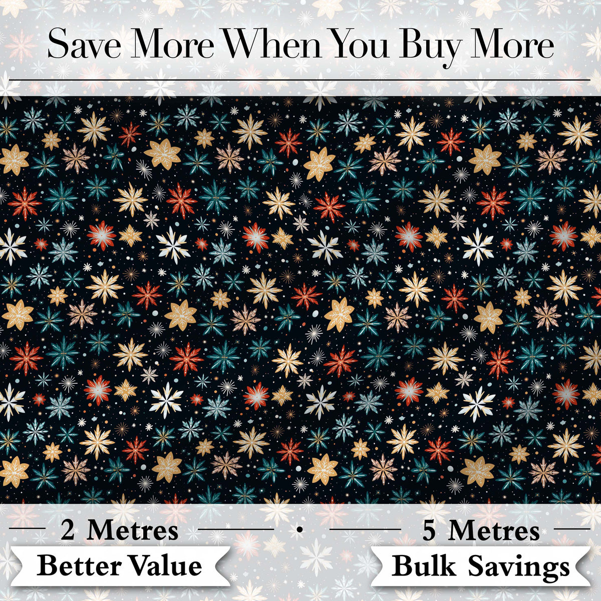 Colorful Starburst Snowflake Dark Seamless Pattern Festive Night Background Digital Print Fabric by the Metre UK Sewing Quilting Textile