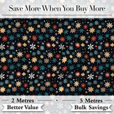 Colorful Starburst Snowflake Dark Seamless Pattern Festive Night Background Digital Print Fabric by the Metre UK Sewing Quilting Textile