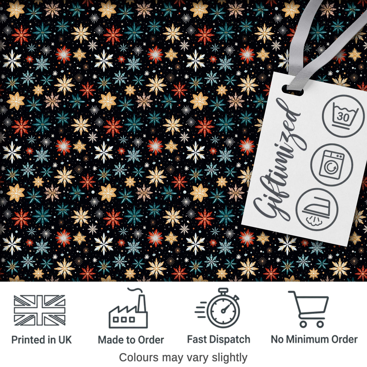 Colorful Starburst Snowflake Dark Seamless Pattern Festive Night Background Digital Print Fabric by the Metre UK Sewing Quilting Textile
