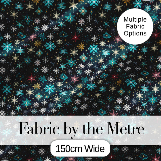 Teal Gold Snowflake Star Seamless Pattern Elegant Winter Night Background Digital Print Fabric by the Metre UK Sewing Quilting Textile