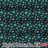 Teal Gold Snowflake Star Seamless Pattern Elegant Winter Night Background Digital Print Fabric by the Metre UK Sewing Quilting Textile