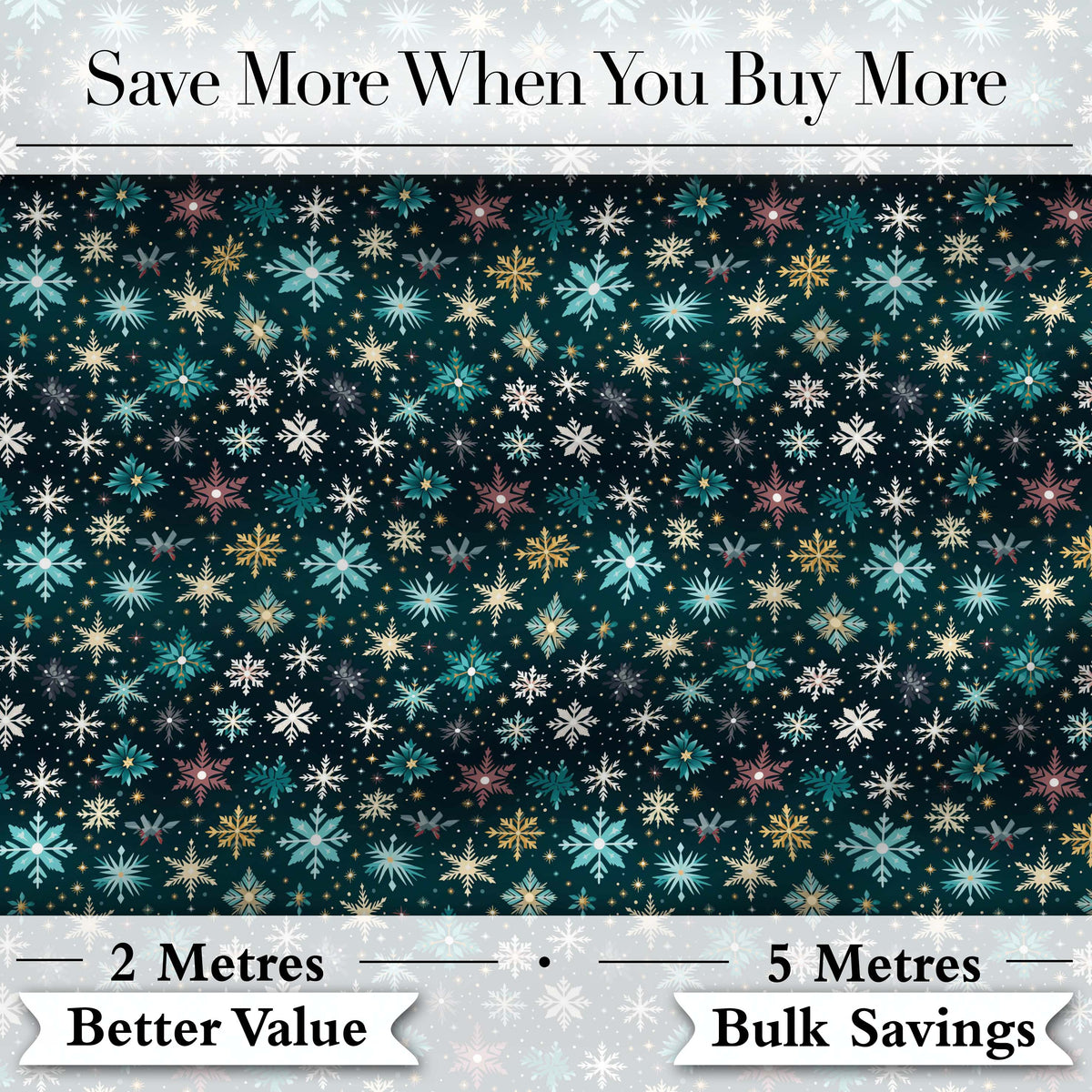 Teal Gold Snowflake Star Seamless Pattern Elegant Winter Night Background Digital Print Fabric by the Metre UK Sewing Quilting Textile
