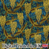 Golden Birds and Wisteria Floral Seamless Pattern Art Nouveau Nature Design Digital Print Fabric by the Metre UK Sewing Quilting Textile