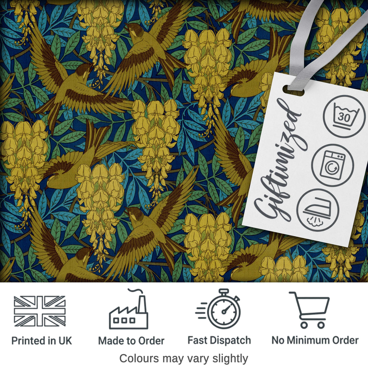 Golden Birds and Wisteria Floral Seamless Pattern Art Nouveau Nature Design Digital Print Fabric by the Metre UK Sewing Quilting Textile