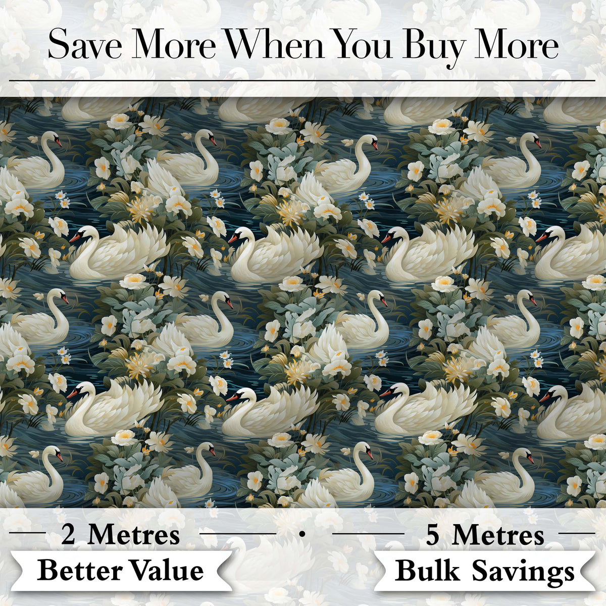 Elegant White Swan Floral Lake Seamless Pattern Vintage Nature Water Garden Digital Print Fabric by the Metre UK Sewing Quilting Textile