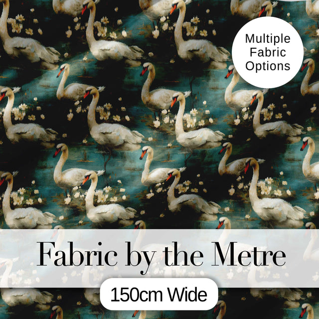 Graceful Swan Lake Floral Seamless Pattern Classic Botanical Water Scene Digital Print Fabric by the Metre UK Sewing Quilting Textile