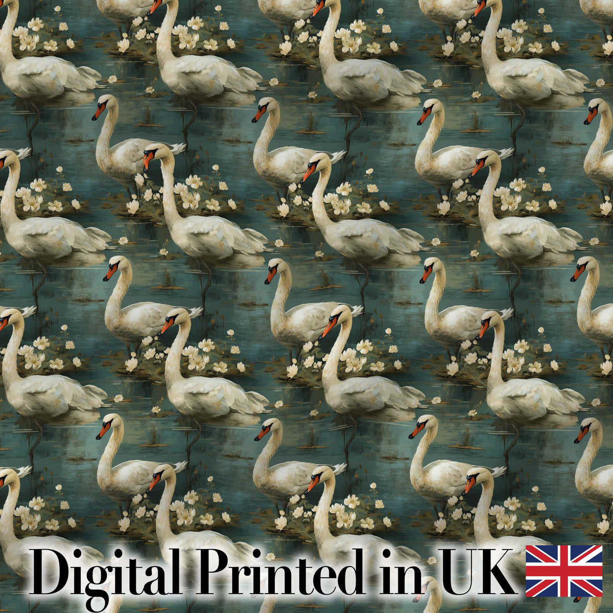 Graceful Swan Lake Floral Seamless Pattern Classic Botanical Water Scene Digital Print Fabric by the Metre UK Sewing Quilting Textile