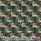 Graceful Swan Lake Floral Seamless Pattern Classic Botanical Water Scene Digital Print Fabric by the Metre UK Sewing Quilting Textile