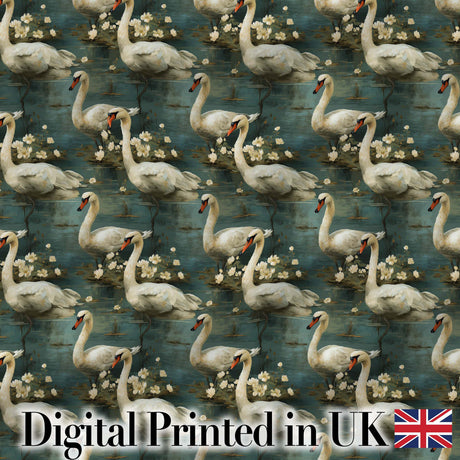 Graceful Swan Lake Floral Seamless Pattern Classic Botanical Water Scene Digital Print Fabric by the Metre UK Sewing Quilting Textile