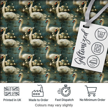 Graceful Swan Lake Floral Seamless Pattern Classic Botanical Water Scene Digital Print Fabric by the Metre UK Sewing Quilting Textile