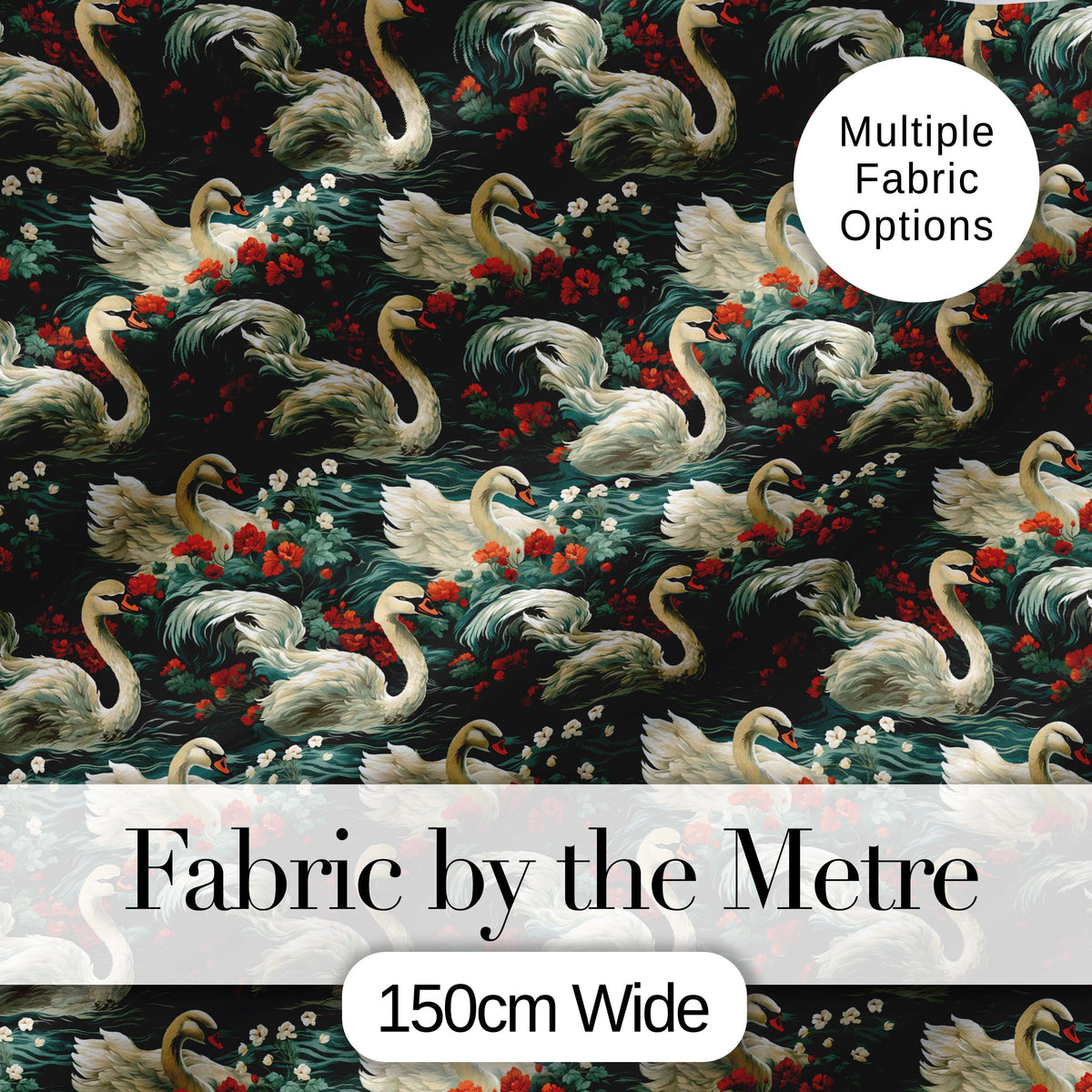 Dark Swan Floral Water Garden Seamless Pattern Vintage Nature Artistic Design Digital Print Fabric by the Metre UK Sewing Quilting Textile