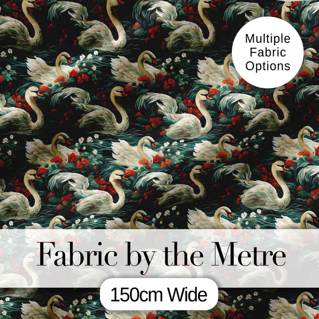 Dark Swan Floral Water Garden Seamless Pattern Vintage Nature Artistic Design Digital Print Fabric by the Metre UK Sewing Quilting Textile