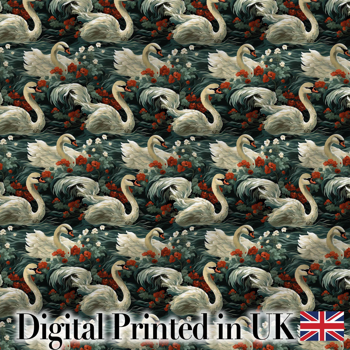 Dark Swan Floral Water Garden Seamless Pattern Vintage Nature Artistic Design Digital Print Fabric by the Metre UK Sewing Quilting Textile