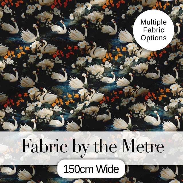 Luxury Swan Floral Night Lake Seamless Pattern Elegant Botanical Scene Digital Print Fabric by the Metre UK Sewing Quilting Textile