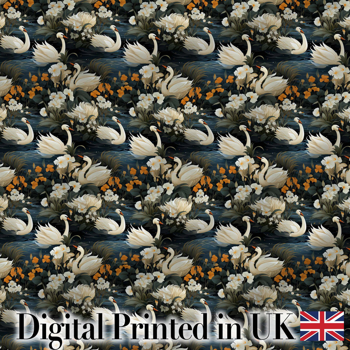 Luxury Swan Floral Night Lake Seamless Pattern Elegant Botanical Scene Digital Print Fabric by the Metre UK Sewing Quilting Textile