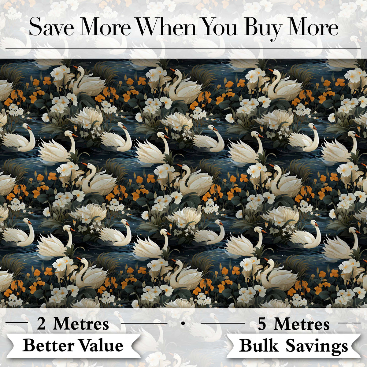 Luxury Swan Floral Night Lake Seamless Pattern Elegant Botanical Scene Digital Print Fabric by the Metre UK Sewing Quilting Textile