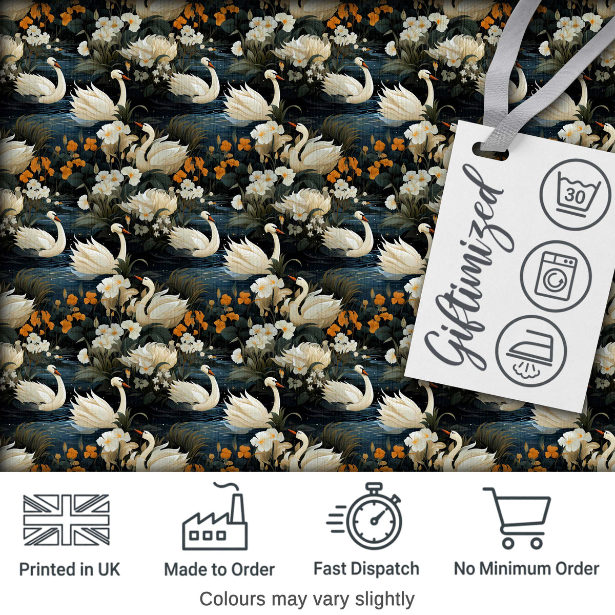 Luxury Swan Floral Night Lake Seamless Pattern Elegant Botanical Scene Digital Print Fabric by the Metre UK Sewing Quilting Textile