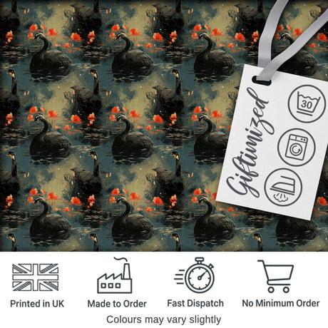 Black Swan Floral Water Reflection Seamless Pattern Moody Nature Design Digital Print Fabric by the Metre UK Sewing Quilting Textile
