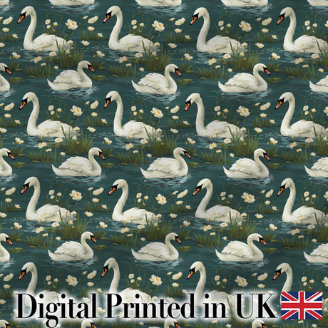 Soft Swan Lake Floral Seamless Pattern Calm Nature Botanical Scene Digital Print Fabric by the Metre UK Sewing Quilting Textile