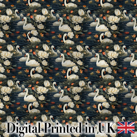 White Swan Tulip Floral Seamless Pattern Elegant Water Garden Design Digital Print Fabric by the Metre UK Sewing Quilting Textile