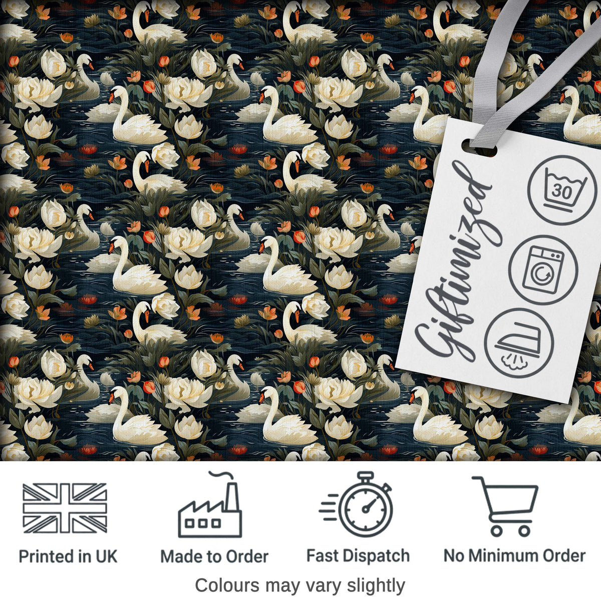 White Swan Tulip Floral Seamless Pattern Elegant Water Garden Design Digital Print Fabric by the Metre UK Sewing Quilting Textile