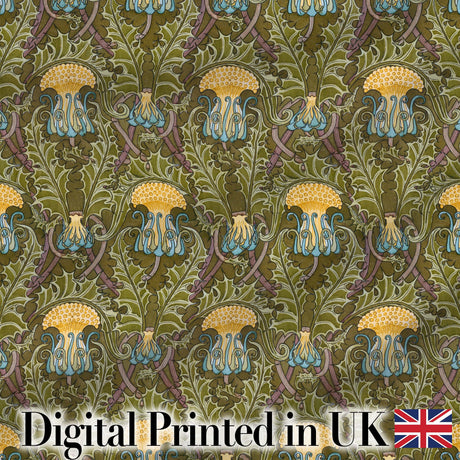 Vintage Art Nouveau Floral Thistle Pattern in Green Seamless Digital Print Fabric by the Metre UK Sewing Quilting Textile