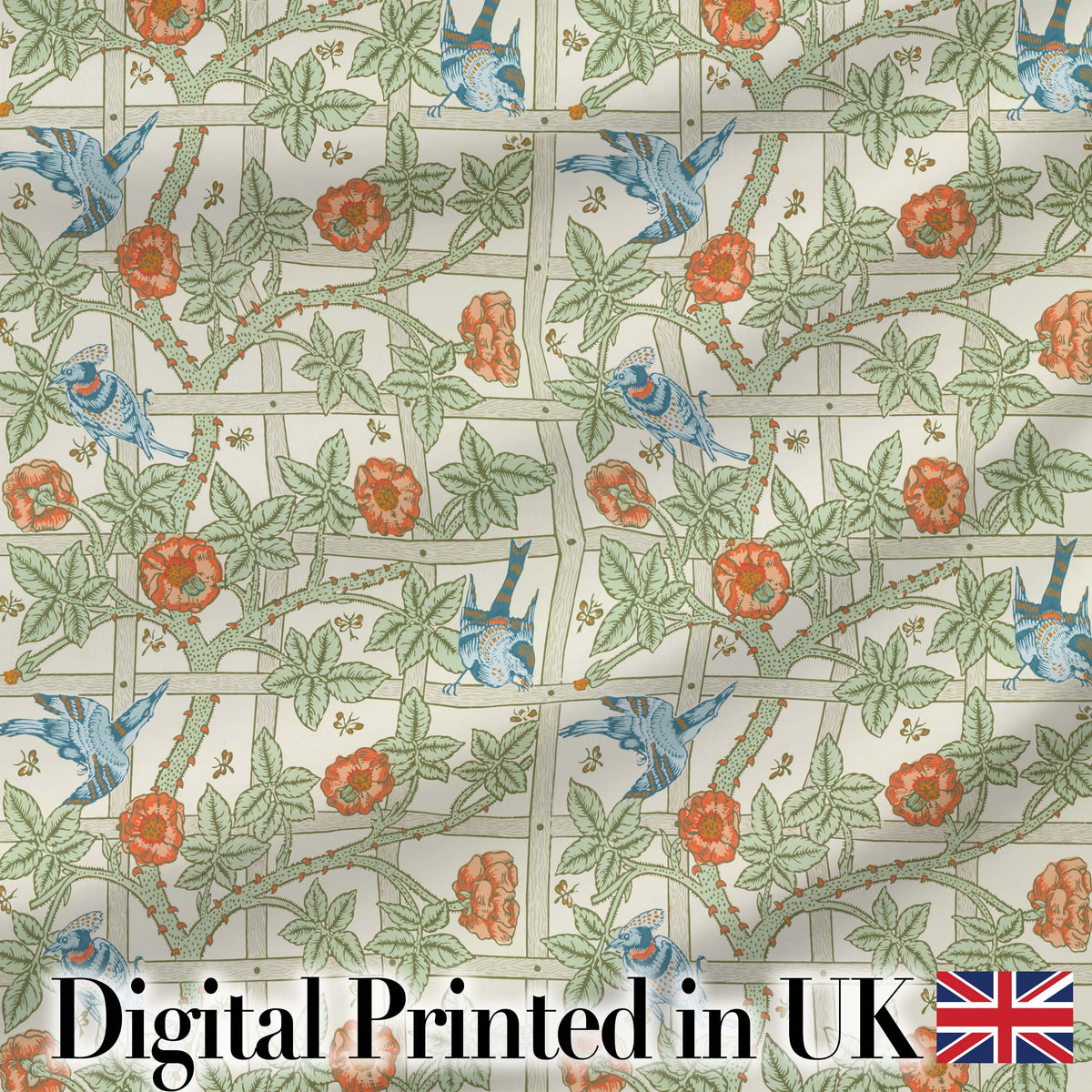 Vintage Birds and Roses Trellis Garden Pattern Seamless Digital Print Fabric by the Metre UK Sewing Quilting Textile