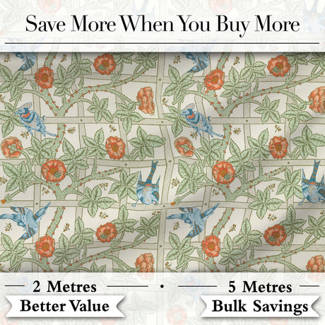 Vintage Birds and Roses Trellis Garden Pattern Seamless Digital Print Fabric by the Metre UK Sewing Quilting Textile
