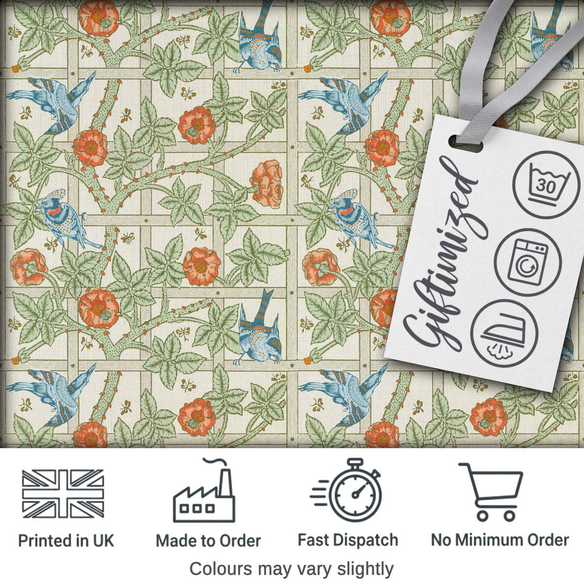 Vintage Birds and Roses Trellis Garden Pattern Seamless Digital Print Fabric by the Metre UK Sewing Quilting Textile