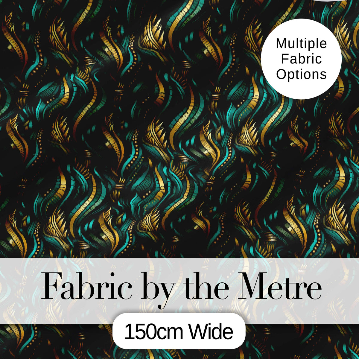 Luxury Art Deco Gold Teal Abstract Wave Pattern Seamless Digital Print Fabric by the Metre UK Sewing Quilting Textile