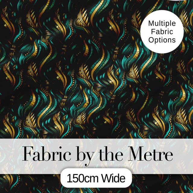 Luxury Art Deco Gold Teal Abstract Wave Pattern Seamless Digital Print Fabric by the Metre UK Sewing Quilting Textile