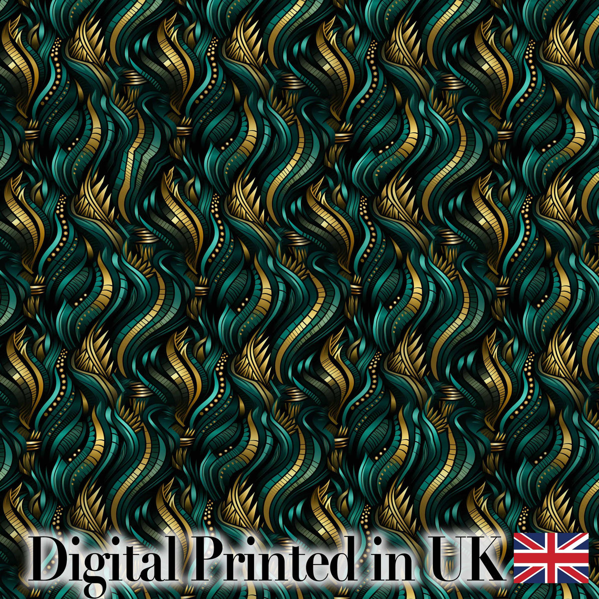 Luxury Art Deco Gold Teal Abstract Wave Pattern Seamless Digital Print Fabric by the Metre UK Sewing Quilting Textile