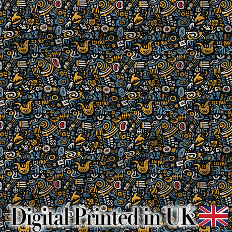 Dark Abstract Doodle Icons Pattern with Yellow Blue Seamless Digital Print Fabric by the Metre UK Sewing Quilting Textile