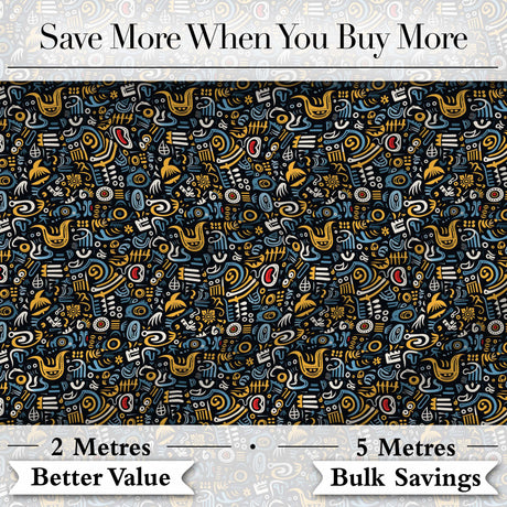 Dark Abstract Doodle Icons Pattern with Yellow Blue Seamless Digital Print Fabric by the Metre UK Sewing Quilting Textile
