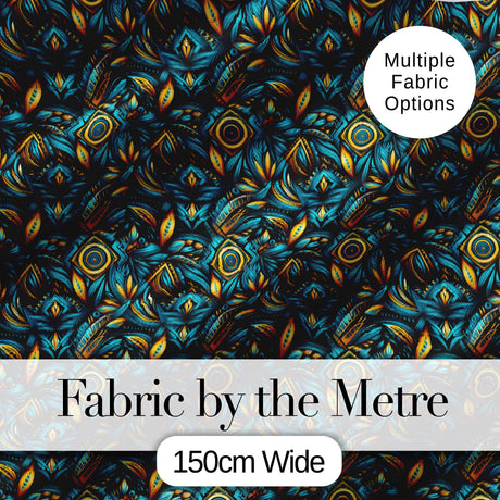 Luxury Teal Gold Geometric Art Deco Floral Pattern Seamless Digital Print Fabric by the Metre UK Sewing Quilting Textile