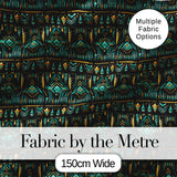 Dark Tribal Geometric Ethnic Pattern in Gold Teal Seamless Digital Print Fabric by the Metre UK Sewing Quilting Textile