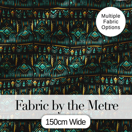 Dark Tribal Geometric Ethnic Pattern in Gold Teal Seamless Digital Print Fabric by the Metre UK Sewing Quilting Textile