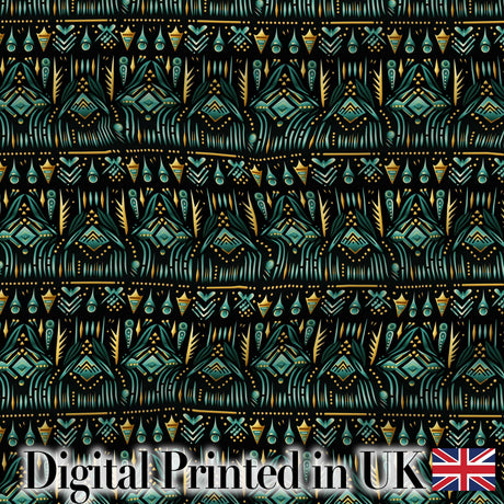 Dark Tribal Geometric Ethnic Pattern in Gold Teal Seamless Digital Print Fabric by the Metre UK Sewing Quilting Textile