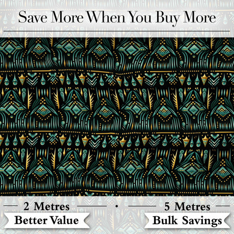 Dark Tribal Geometric Ethnic Pattern in Gold Teal Seamless Digital Print Fabric by the Metre UK Sewing Quilting Textile