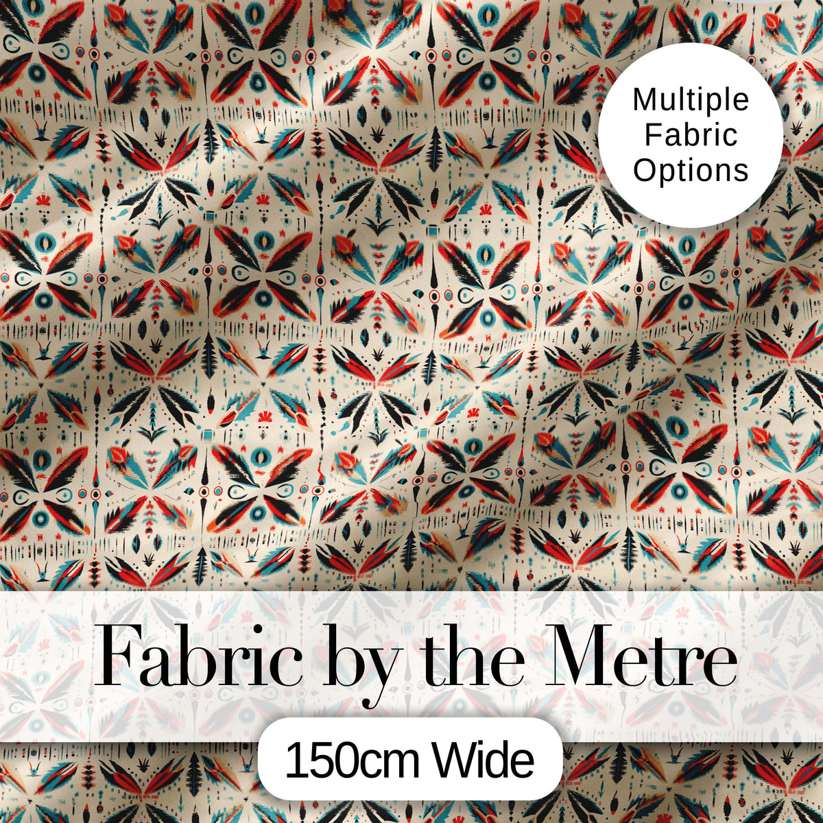 Abstract Retro Geometric Floral Pattern in Red Blue Seamless Digital Print Fabric by the Metre UK Sewing Quilting Textile
