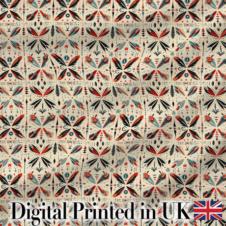 Abstract Retro Geometric Floral Pattern in Red Blue Seamless Digital Print Fabric by the Metre UK Sewing Quilting Textile