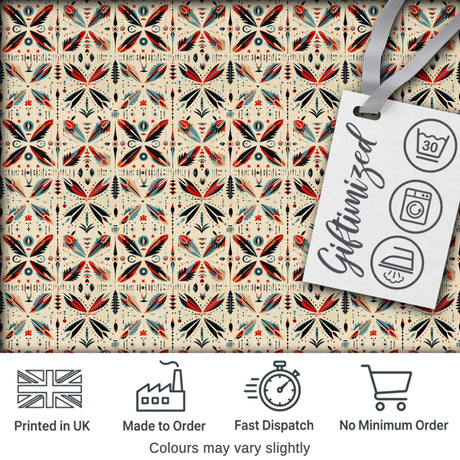 Abstract Retro Geometric Floral Pattern in Red Blue Seamless Digital Print Fabric by the Metre UK Sewing Quilting Textile