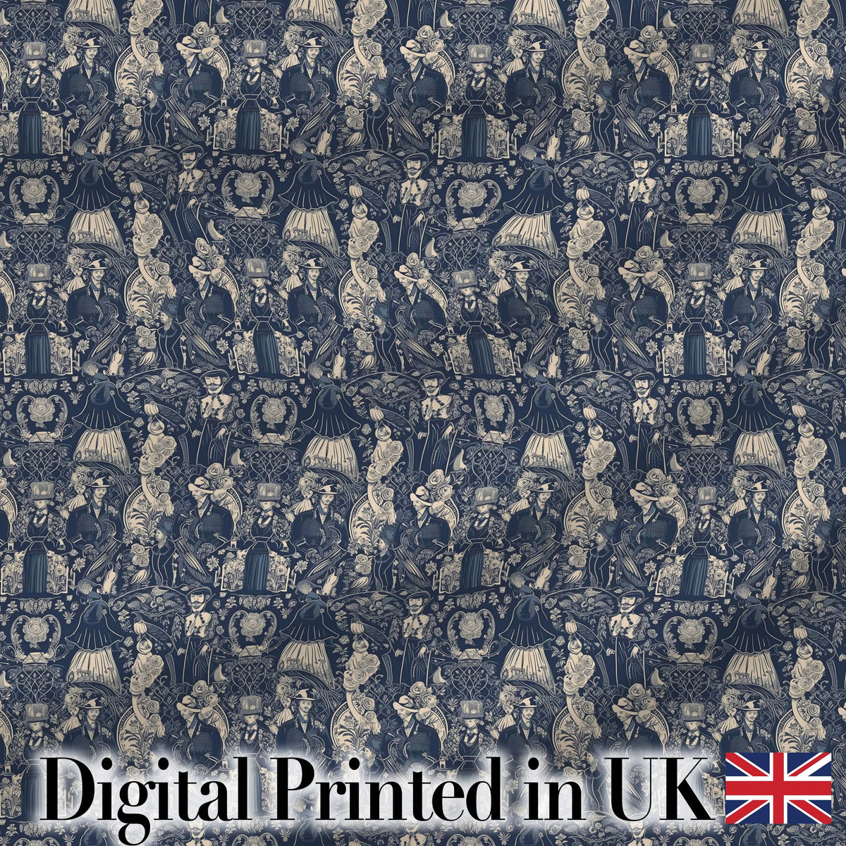 Victorian Ladies and Gentlemen Toile Pattern in Navy Seamless Digital Print Fabric by the Metre UK Sewing Quilting Textile
