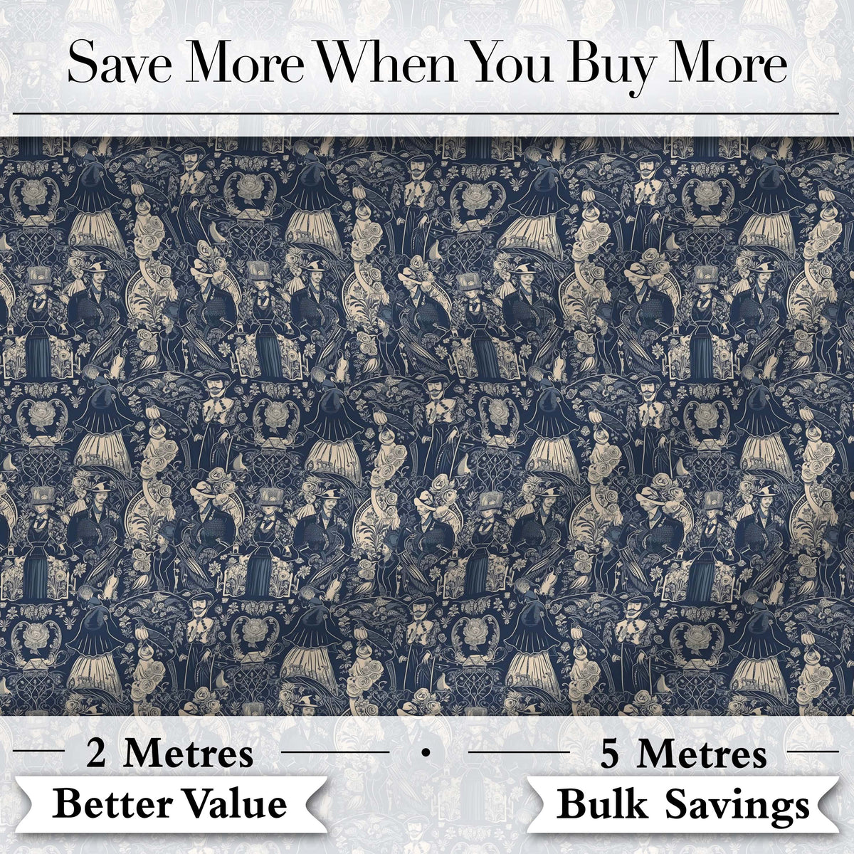 Victorian Ladies and Gentlemen Toile Pattern in Navy Seamless Digital Print Fabric by the Metre UK Sewing Quilting Textile