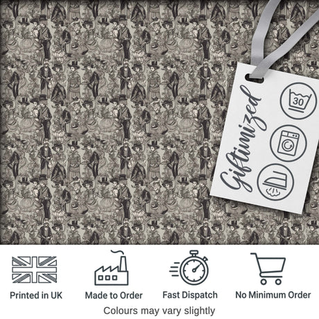 Antique Victorian Society Illustration Pattern Monochrome Seamless Digital Print Fabric by the Metre UK Sewing Quilting Textile