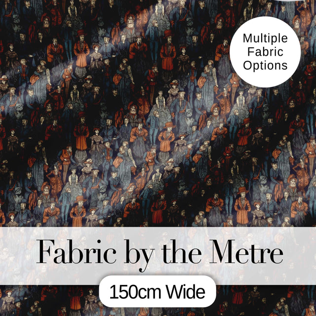 Vintage Crowd Illustration People Pattern in Warm Tones Seamless Digital Print Fabric by the Metre UK Sewing Quilting Textile